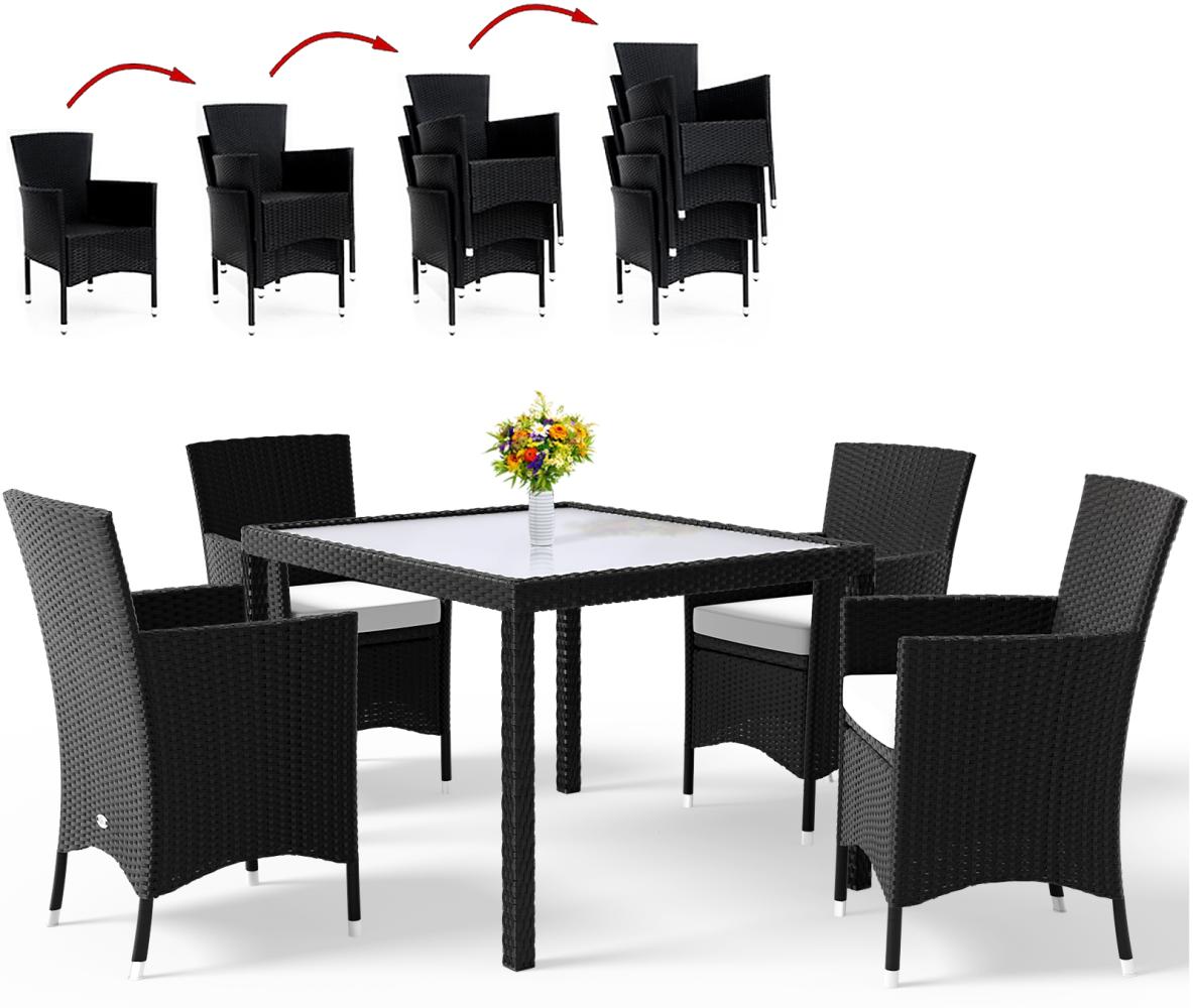Casaria Polyrattan Sitzgruppe 4 stapelbare Stühle 7cm Auflagen 90x90 cm Gartentisch Wetterfest Garten Terrasse Sitzgarnitur Gartenmöbel Set Schwarz Bild 1