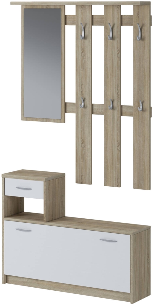 Dmora Eingangsmöbel Garolfo, Moderner Eingang, Wandgarderobe, Multifunktions-Aufbewahrungskonsole, 100x26h190 cm, Weiß und Eiche Bild 1