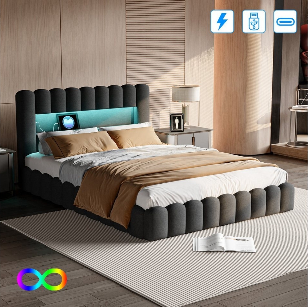 Furnishings Home Polsterbett Stauraumbett Doppelbett Jugendbett mit LED + Ladefunktion (Hydraulisch anhebbarer Bettstauraum), Mit LED-Beleuchtung, USB & Type-C, Leinen, 180x200 cm Bild 1