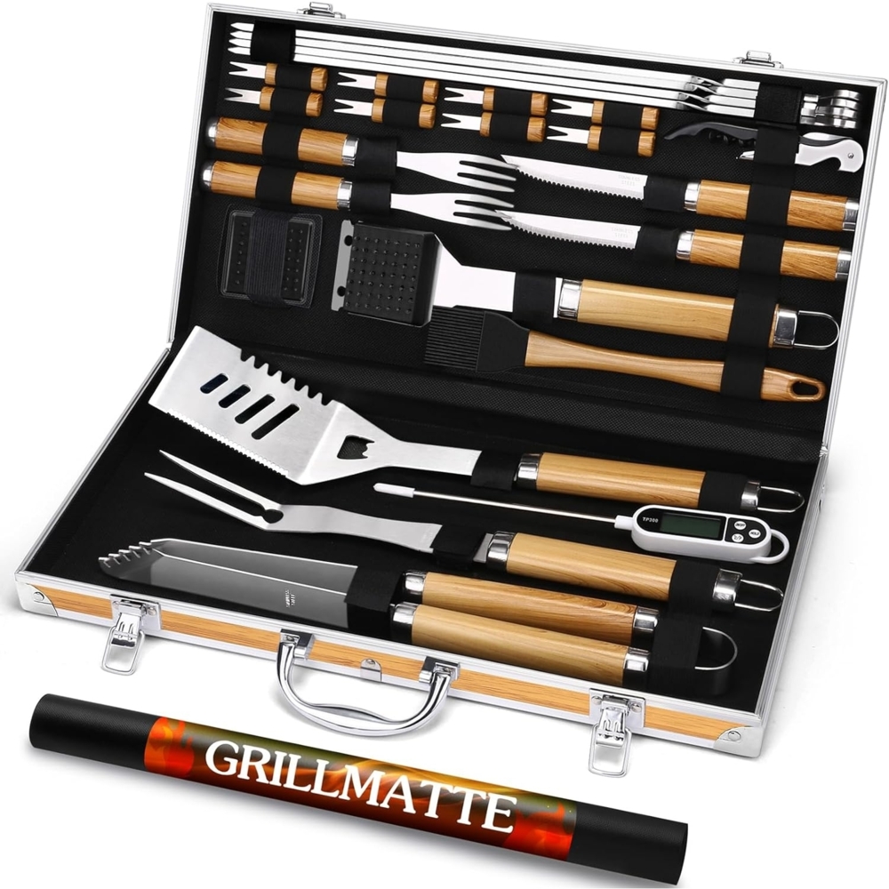 Premium Grillbesteckset aus Edelstahl 26tlg Geschenke für Männer Grill Zubehör Bild 1