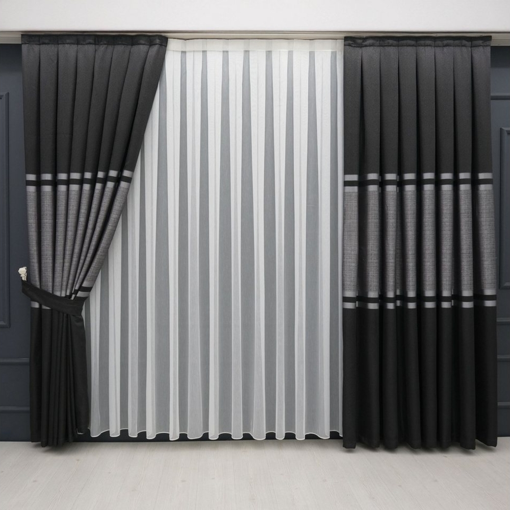 Gardinen by Justyna Vorhang Vorhang Komplett-Set Vorhang Schwarz Grau – Falten mit Store (5 St), Kräuselband, halbtransparent, Fertiggardine, Halbtransparent, Faltenband, Komplett-Set, Pflegeleicht Bild 1