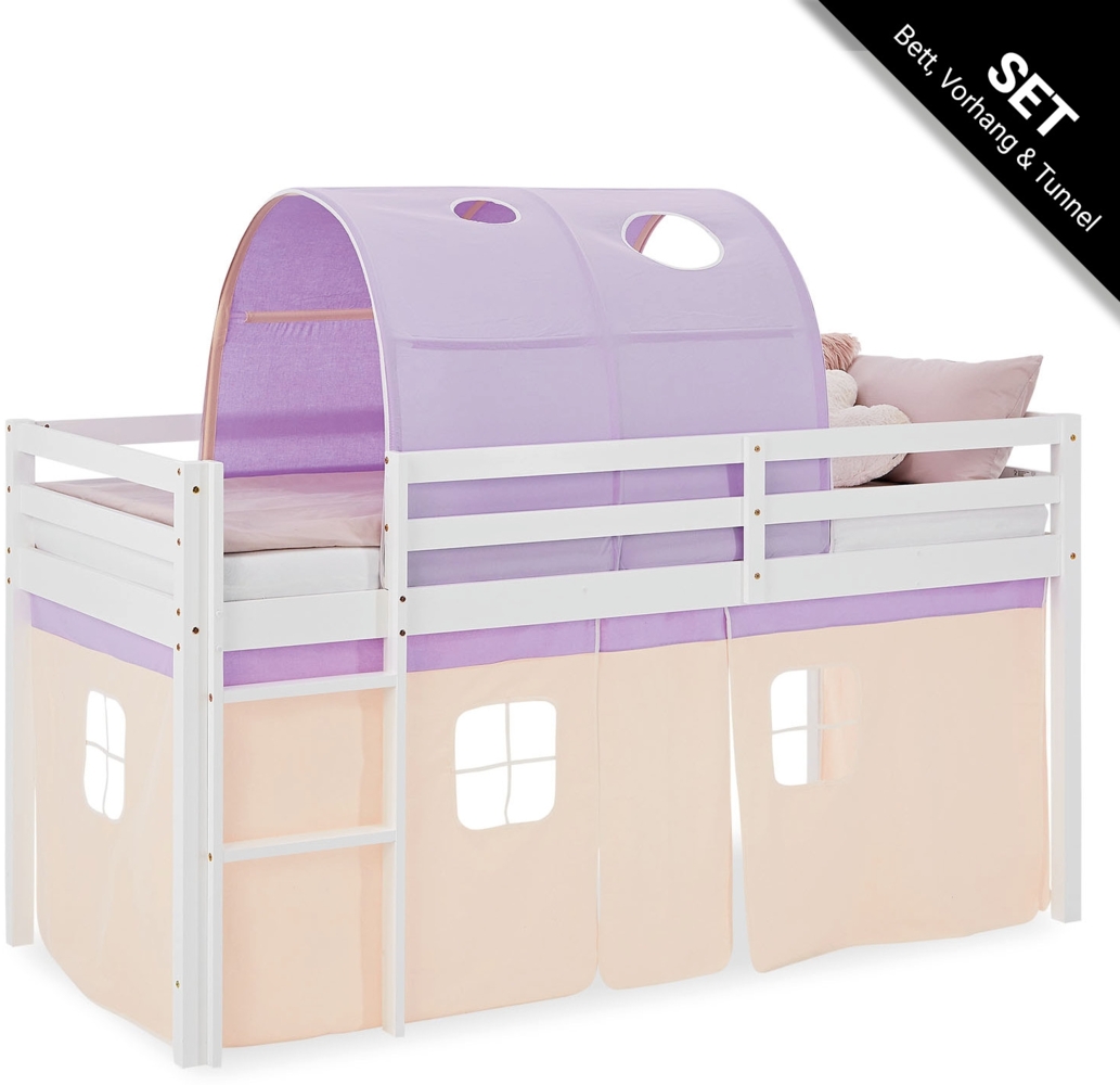 Hochbett Kinder 90x200 cm Kinderbett Kinderhochbett Stockbett Tunnel Vorhang Lila Peach Leiter Holz Massiv Bild 1