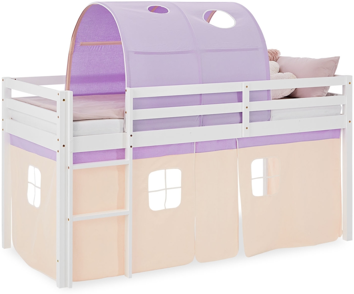 Hochbett Kinder 90x200 cm Kinderbett Kinderhochbett Stockbett Tunnel Vorhang Lila Peach Leiter Holz Massiv Bild 1