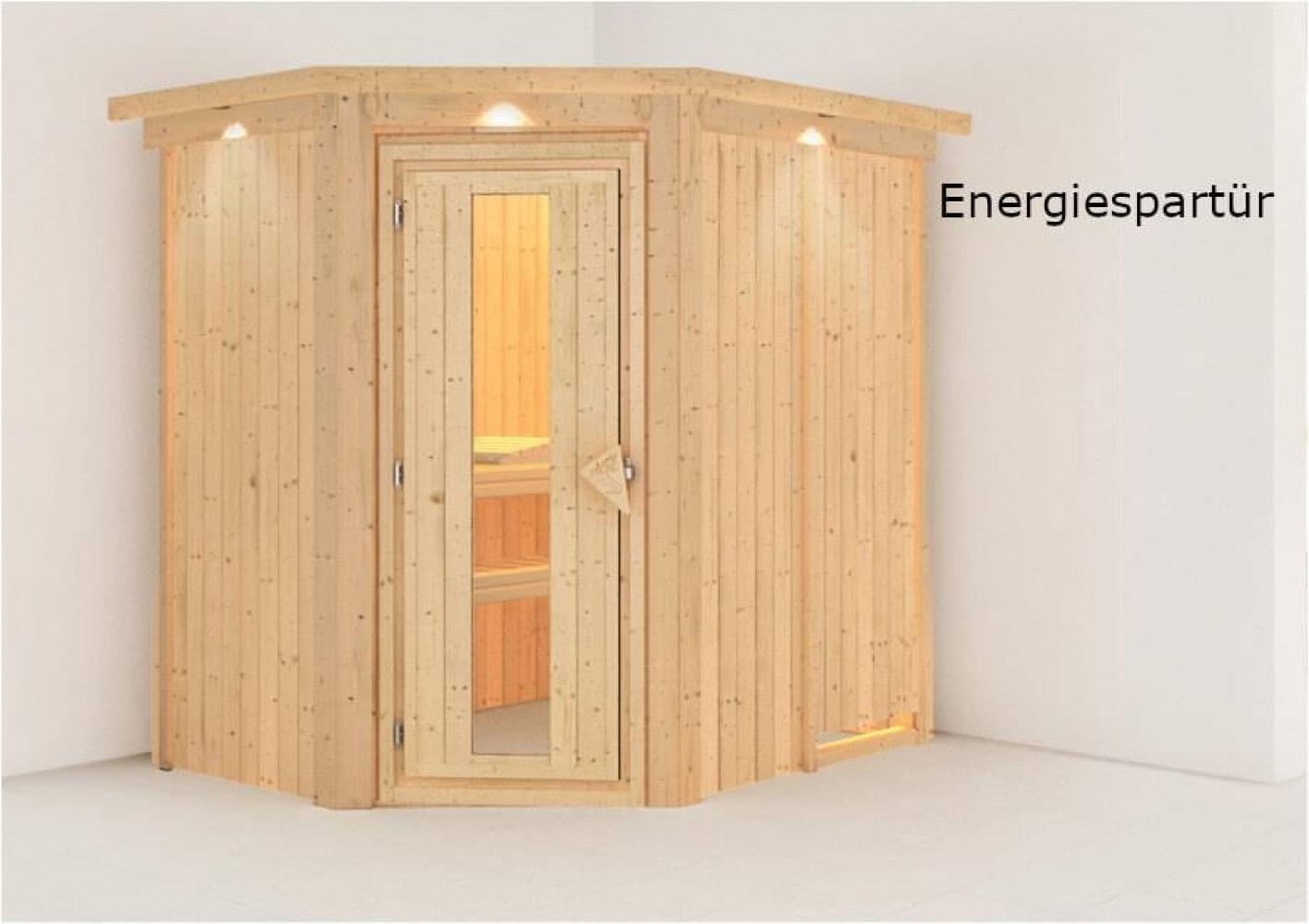 Karibu Sauna Carin mit Dachkranz ohne Ofen Energiespartür Bild 1