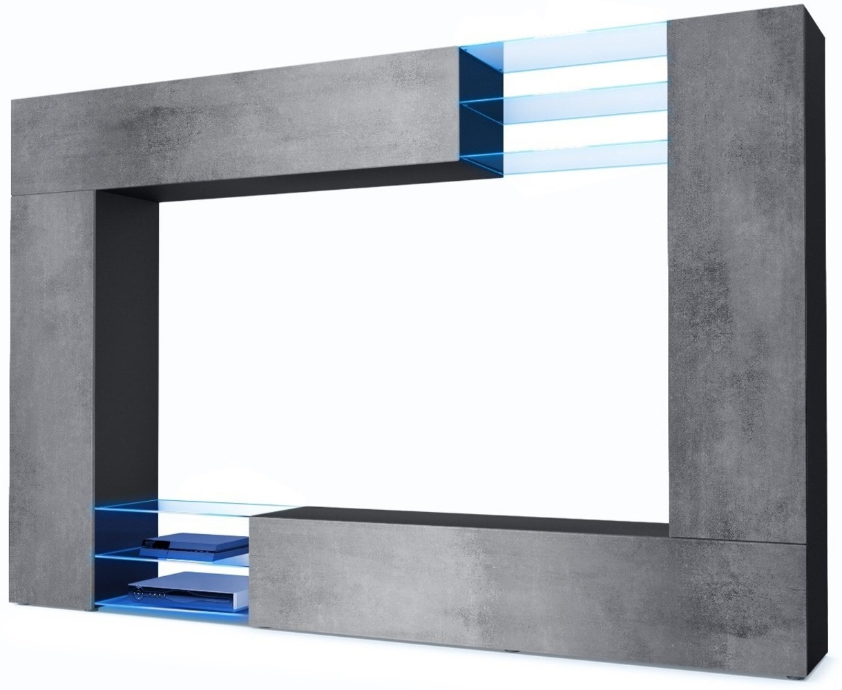 Vladon Wohnwand Mirage, Anbauwand mit Rückwand mit 2 Türen, 2 Klappen und 6 offenen Glasablagen, Schwarz matt/Beton Dunkel Optik, inkl. LED-Beleuchtung (262 x 183 x 39 cm) Bild 1