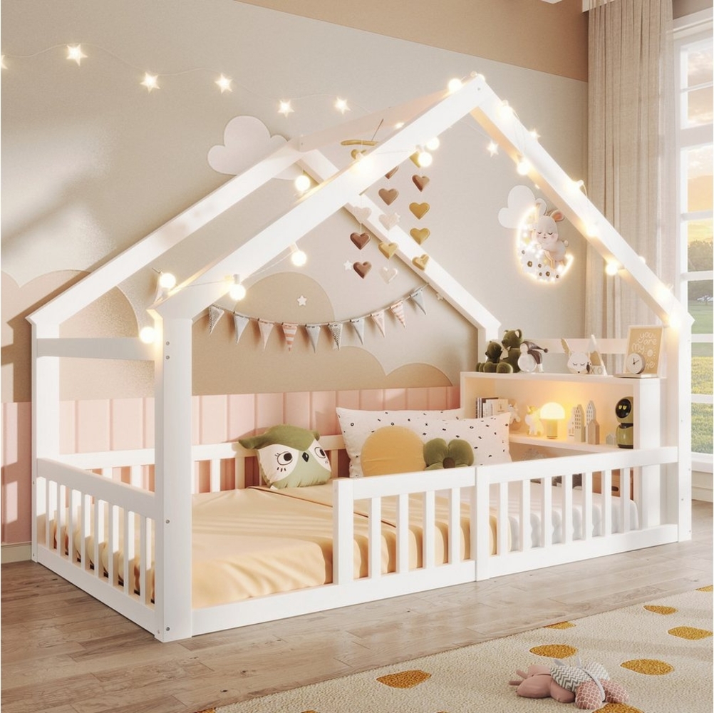 Flieks Kinderbett, Einzelbett Bodenbett Hausbett 90x190cm mit Sicherheitsgeländer Bild 1