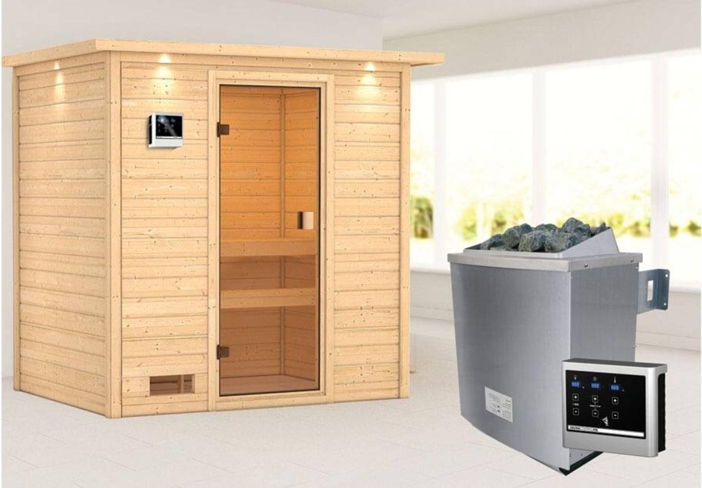Karibu Sauna Selena mit Dachkranz + 9kW Saunaofen mit ext. Steuerung Easy Bild 1