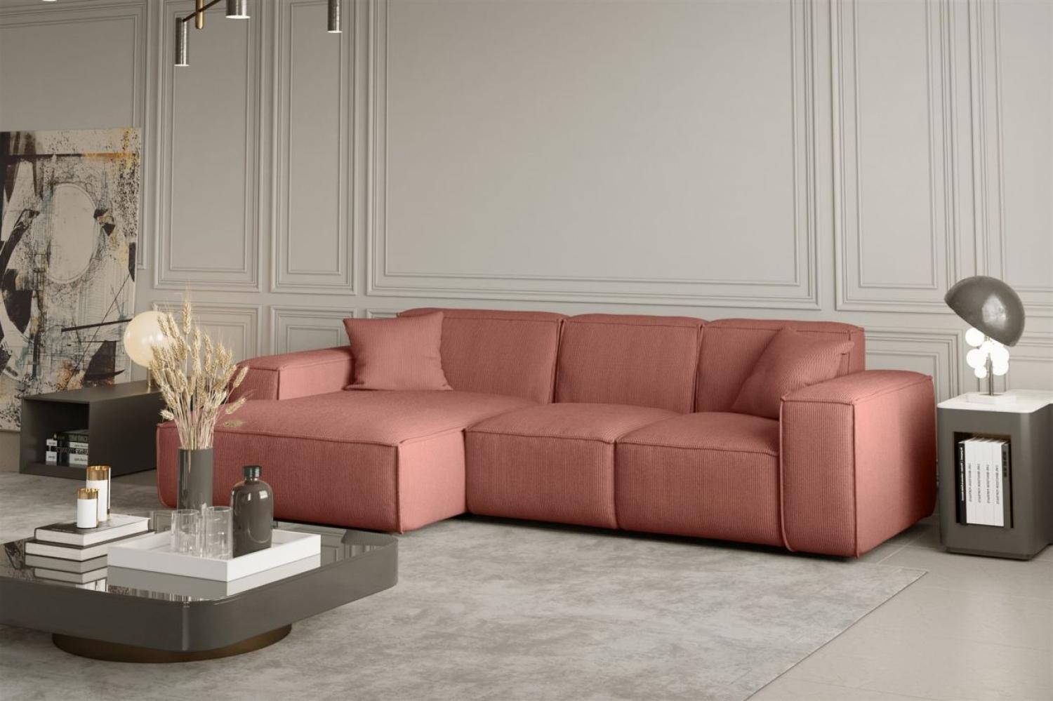 Ecksofa Designersofa CELES in Stoff Scala Koralle Ottomane Links Bild 1