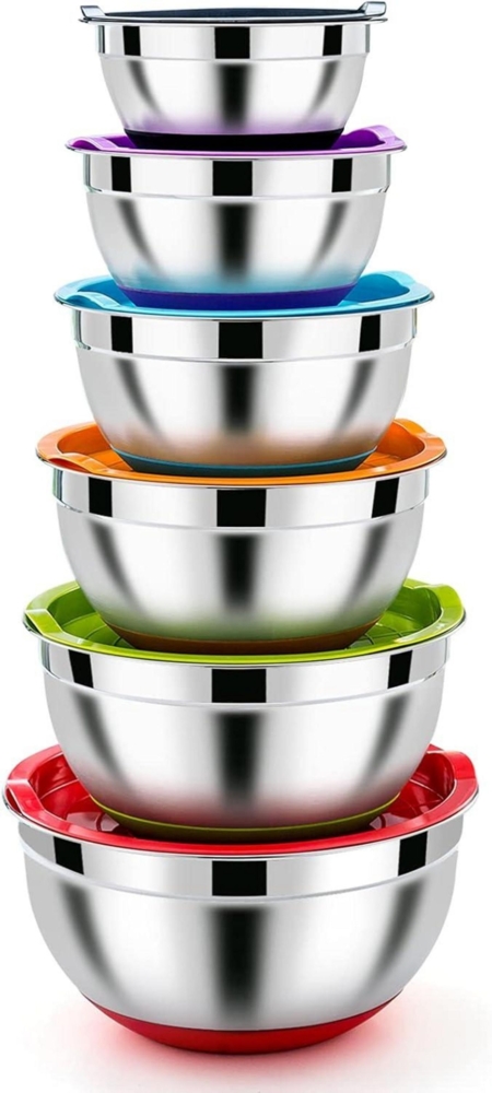 Homikit Edelstahl Rührschüssel Set Salatschüssel 6er Luftdicht Stapelbar 4.6L Bild 1