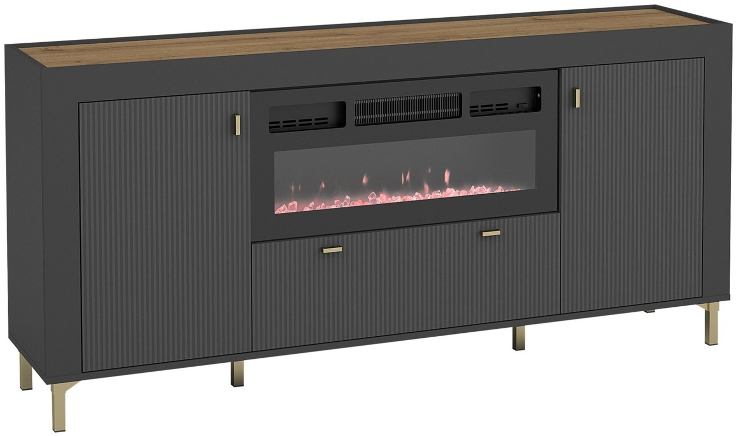 Kommode Mossa 2D1S MO07 mit Kamin (Farbe: Schwarz / Schwarz + Eiche Whisky) Bild 1