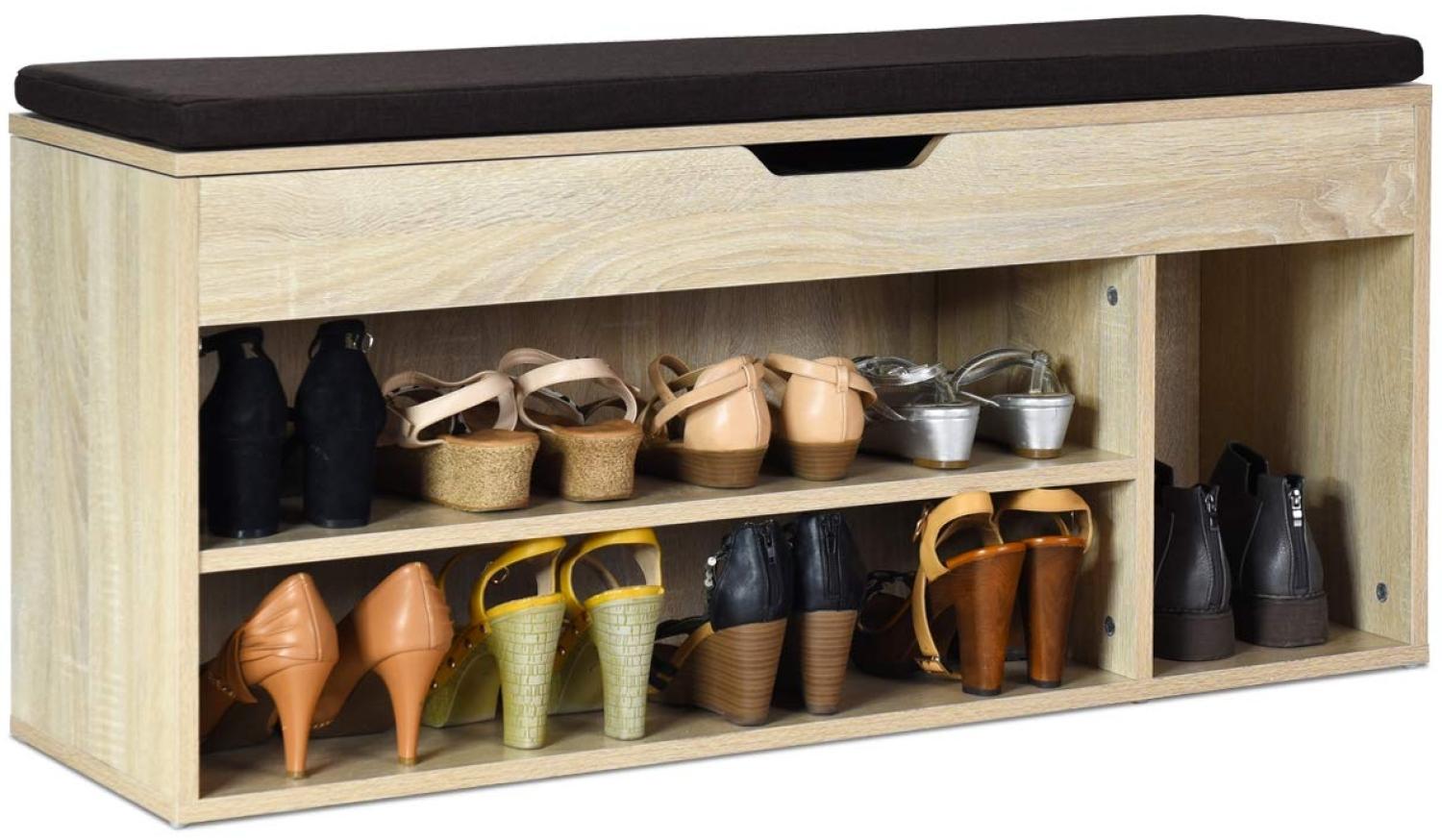 COSTWAY Schuhbank mit Sitzflaeche, Schuhregal Holz, Schuhkommode Schuhablage Schuhschrank aufklappbar, Sitzbank mit Regal, mit Sitzkissen, braun Bild 1