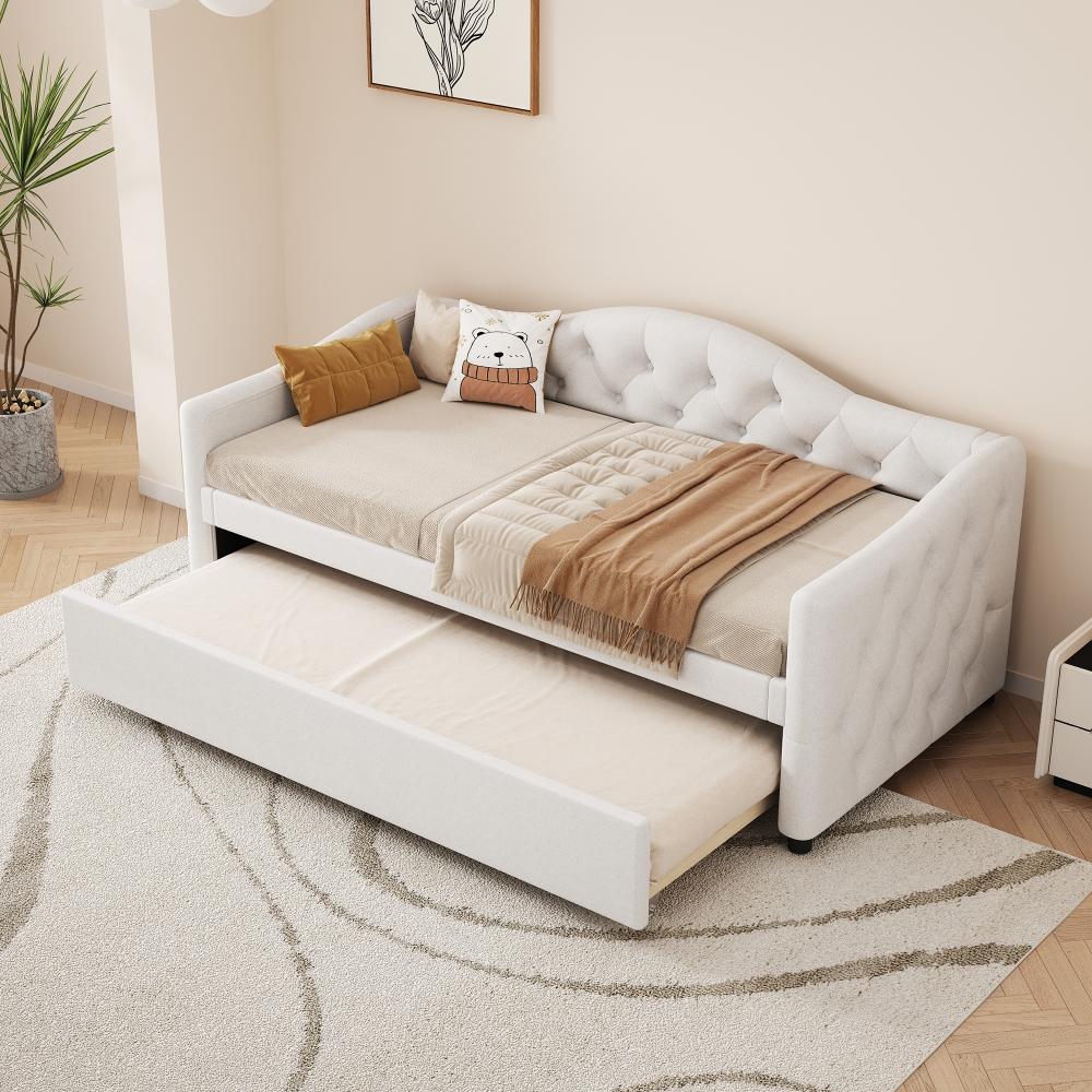 Merax Daybett, Tagesbett Schlafsofa Kinderbett 90x200cm mit Ausziehbett 90x190cm, Beige Bild 1