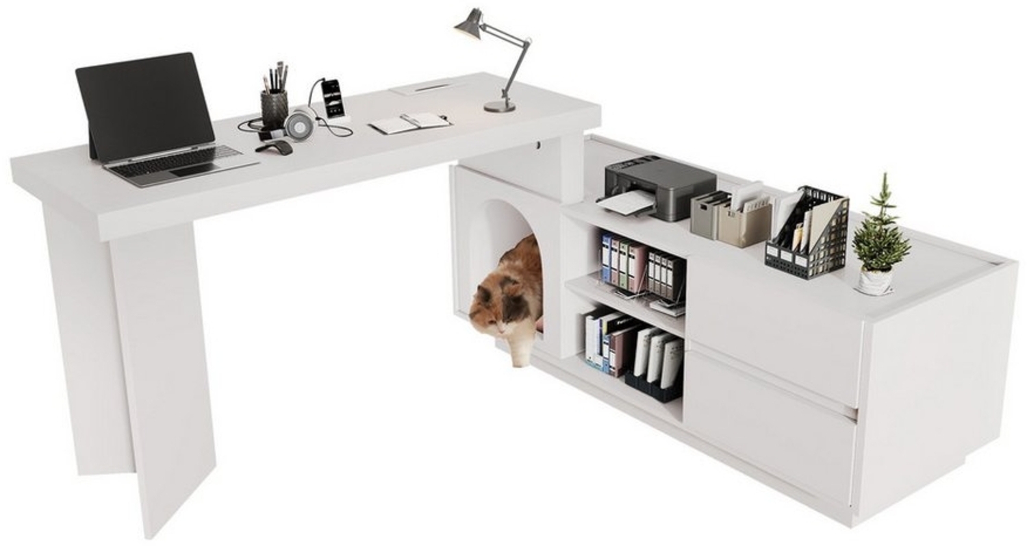 MODFU Eckschreibtisch mit Kuschelecke für Haustiere (Ecktisch, Computertisch, 1-St, verdickte Platte), L-förmig oder einteilig Bild 1