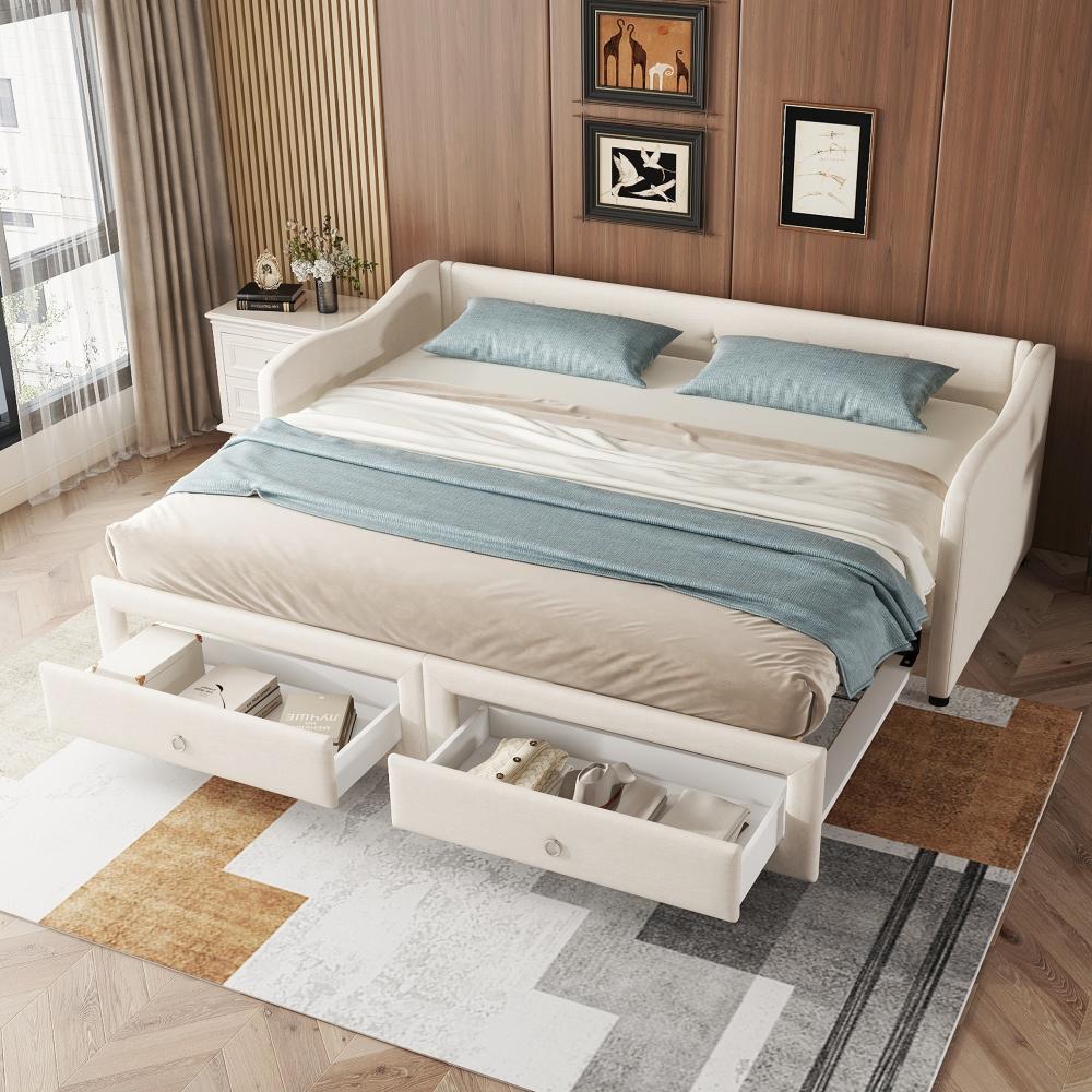 Merax Daybett, 90x200cm Tagesbett mit ausziehbarem Bett,Schlafsofa mit zwei Schubkästen, Einzelbett(Ohne Matratze), Leinen, minimalistisches Styling, beige Bild 1