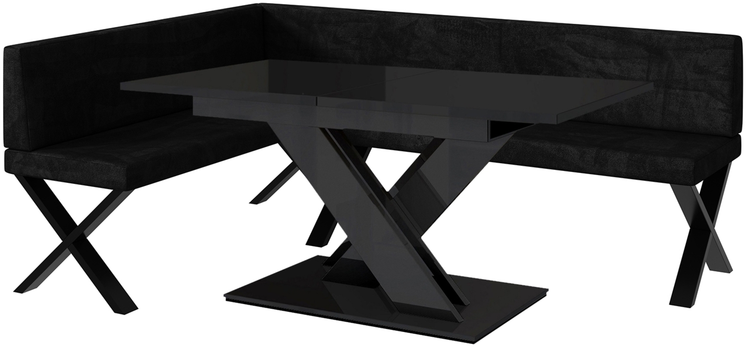 MEBLINI Eckbank für Esszimmer mit ausziehbarem Tisch - Küchenbank - Essecke - Sitzecke Küche - TONI - X-Beine 142 x 196 x 87 cm Links - Schwarz Samt/B Schwarz Hochgl. Bild 1