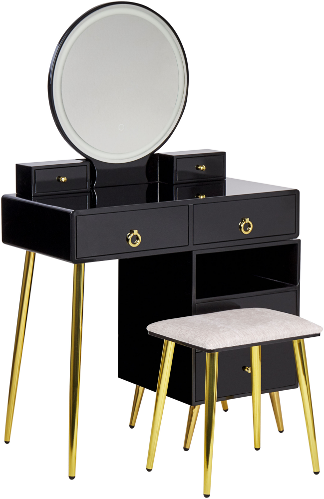 Schminktisch mit rundem LED-Spiegel Hocker 6 Schubladen schwarz gold YVES Bild 1