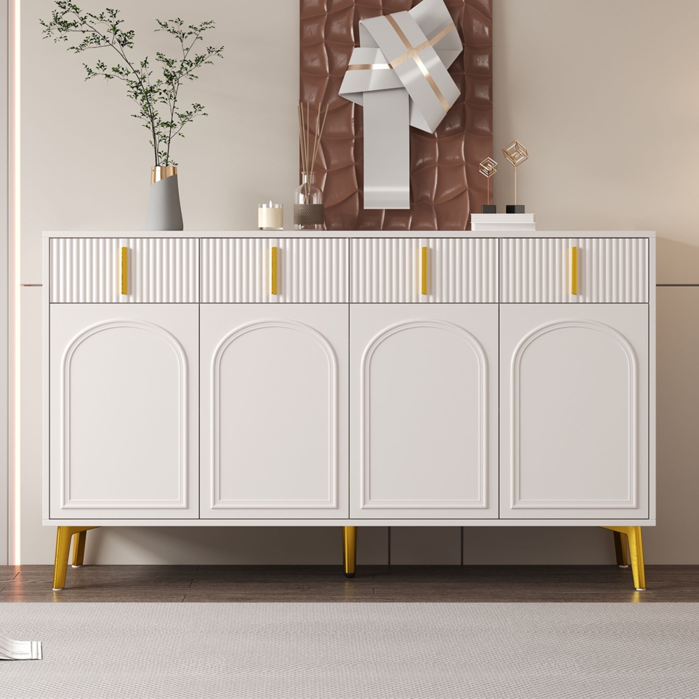 Merax Sideboard 140*37,8*82 cmmit goldenen Griffen und Beinen, 4 Türen, 4 Schubladen, mit herausnehmbarem Laminat, geeignet für Wohn- und Esszimmer, Weiß Bild 1