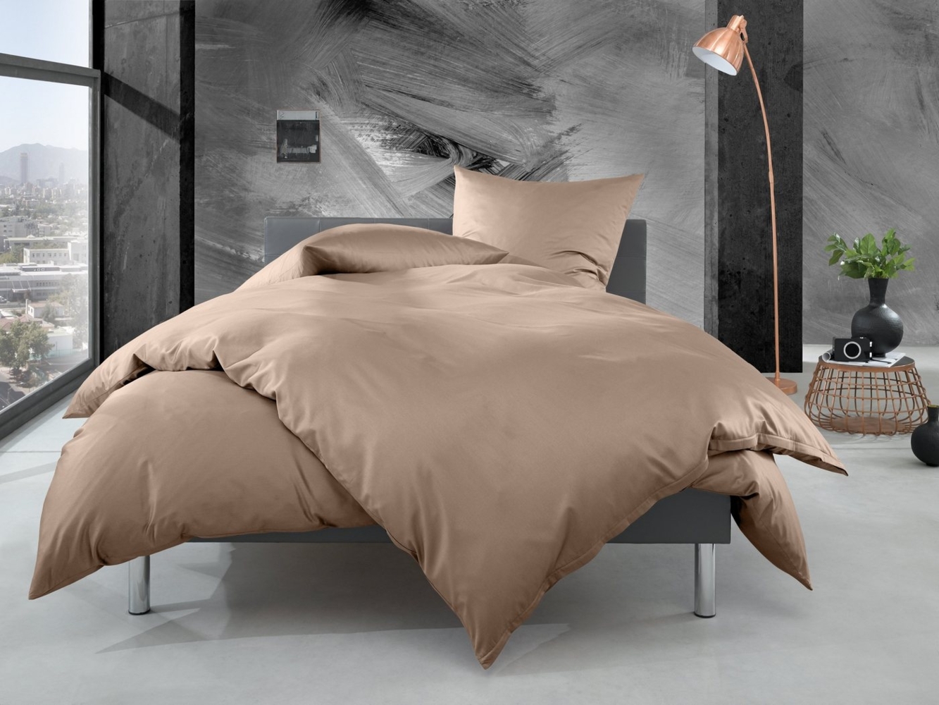 Bettwaesche-mit-Stil Mako Perkal Bettwäsche uni / einfarbig hellbraun Garnitur 135x200 + 80x80 cm Bild 1