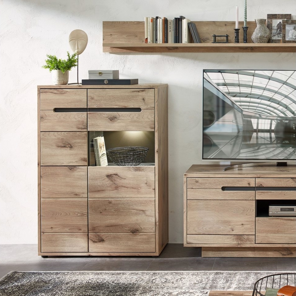 Vitrine BELLANO Viking Oak Nature mit LED 128 cm hoch Bild 1