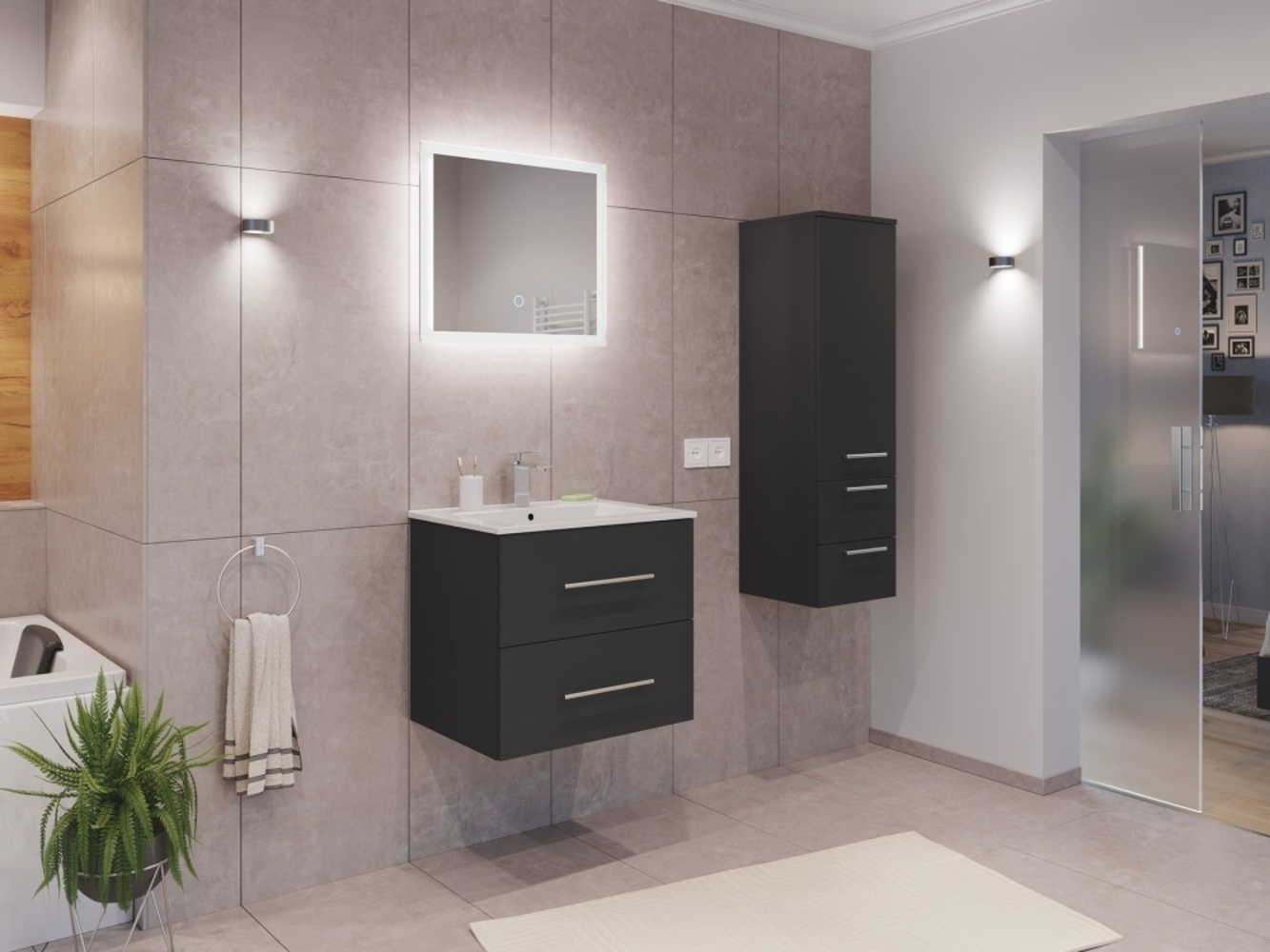 Badmöbel Set Firenze 60 3tlg. LED Spiegel und Seitenschrank grafit : Grafit Bild 1