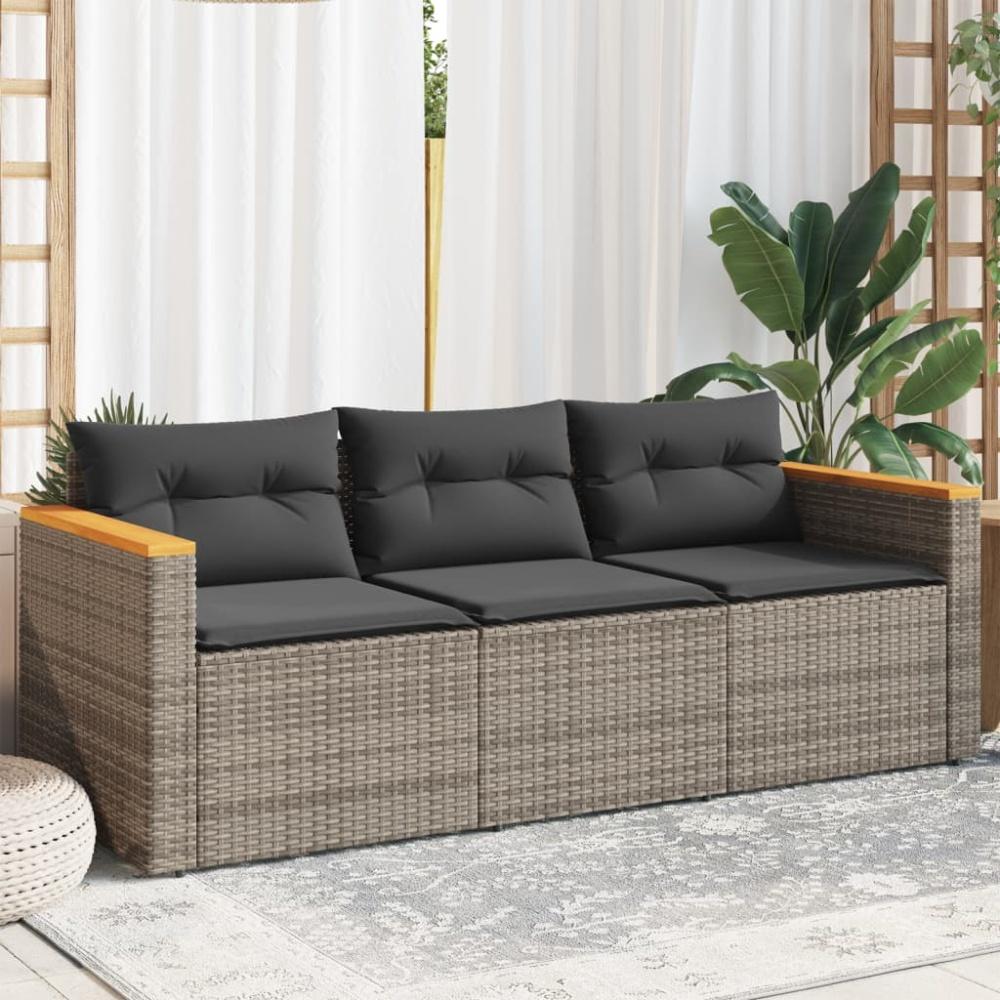 vidaXL Gartensofa mit Kissen 3-Sitzer Grau Poly Rattan Bild 1