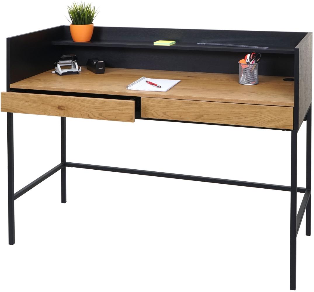 Schreibtisch HWC-J79, Bürotisch Computertisch Arbeitstisch, Schublade 120x50cm Holz Metall ~ Eiche-Optik Bild 1