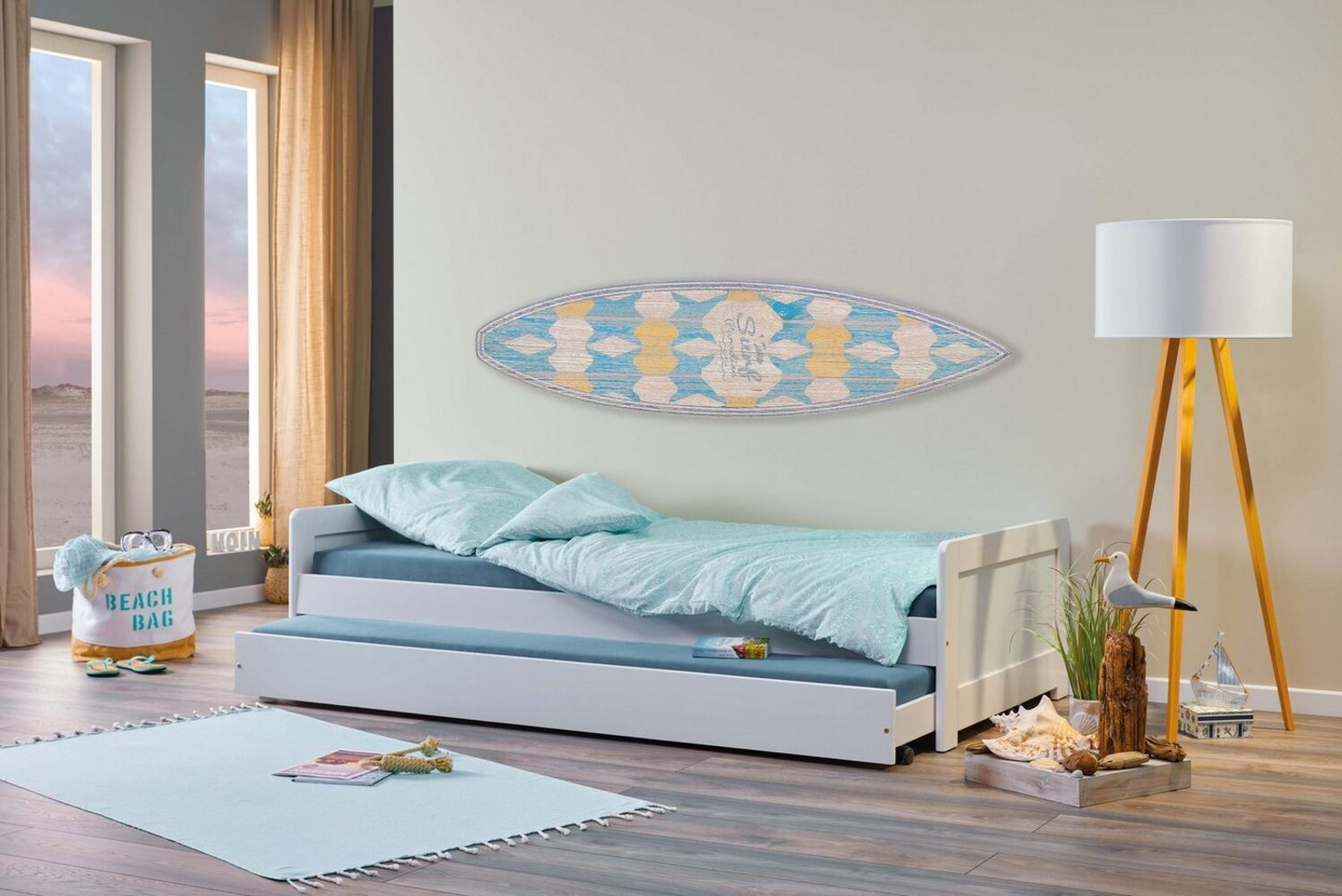 Inter Link - Schlafsofa - Schlafcouch - Funktionsbett ausziehbar mit Stauraum - Kiefer massivholz - 2 Liegeflächen 90x190 cm - inkl. Lattenrost - weiß - Surf Bild 1