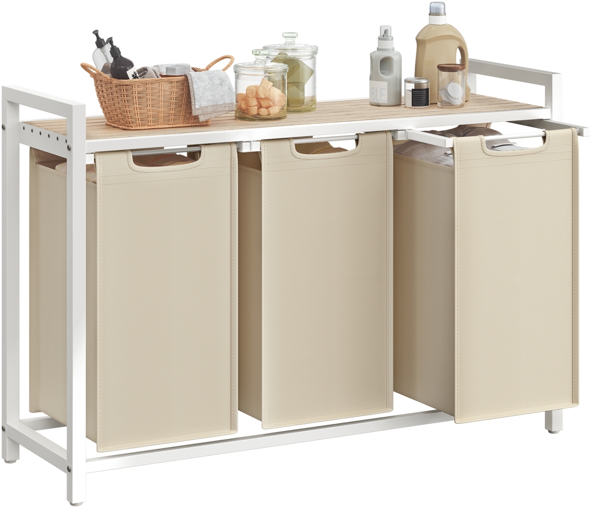 VASAGLE Wäschekorb 3 Fächer, Wäschesammler mit Ablage, Wäschebox, Wäschesack ausziehbar abnehmbar, 3 x 40 L, beige Bild 1