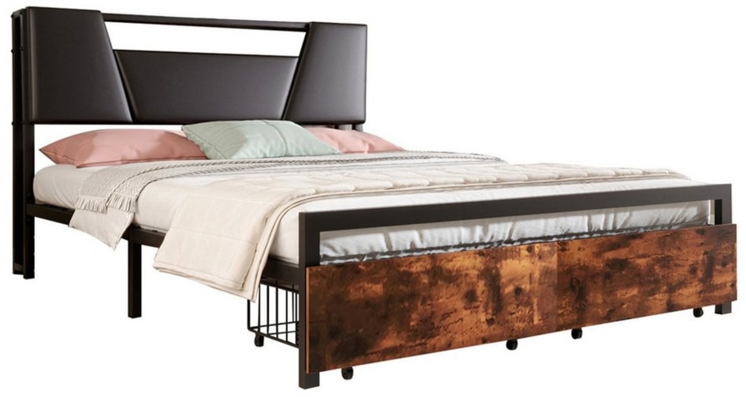 Flieks Metallbett, LED Metallbett Doppelbett 140x200cm mit USB-Aufladen und 2 Schubladen Bild 1