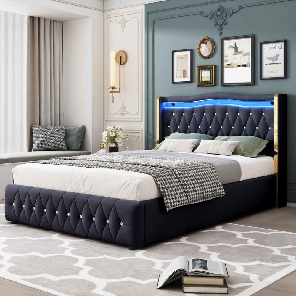 Polsterbett 140x200 cm aus Samt mit Stauraum und LED-Beleuchtung Bild 1