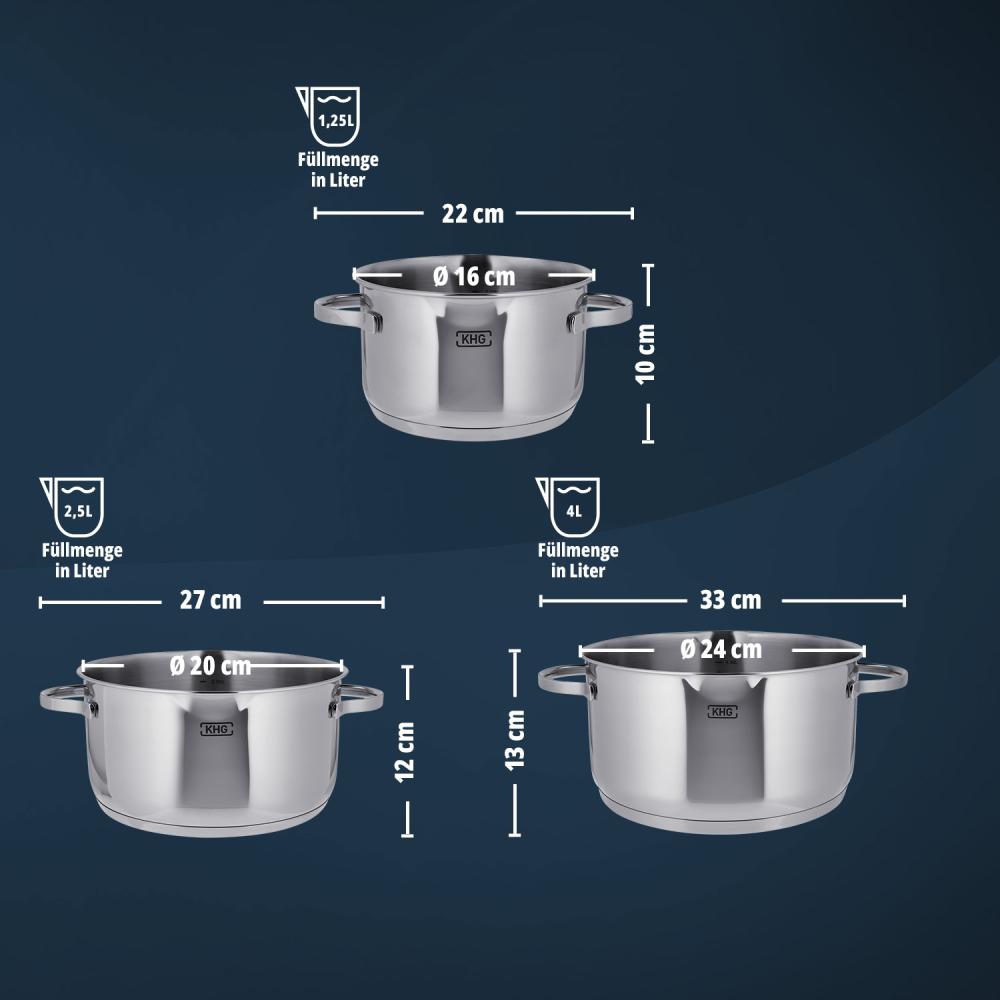 KHG Topfset 3-teilig aus gebürstetem Edelstahl | mit Ausgießlöchern und Innenskalierung | 3 Glasdeckel | Kochgeschirr Set induktionsgeeignet | Rostfrei Bild 1