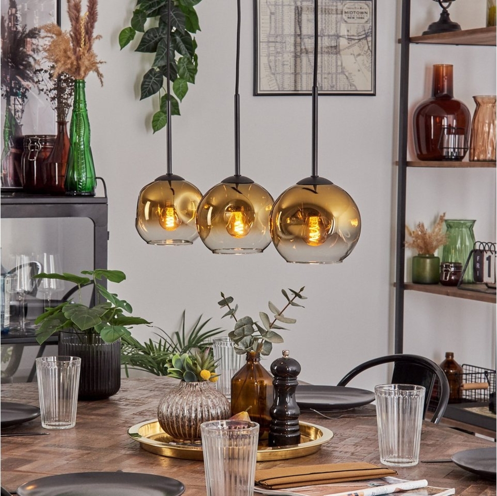 hofstein Pendelleuchte Pendellampe aus Metall/Glas in Schwarz/Goldfarben/Klar, ohne Leuchtmittel, Retro/Vintage, mit Glasschirmen(15 cm), 3 x E27, ohne Leuchtmittel Bild 1