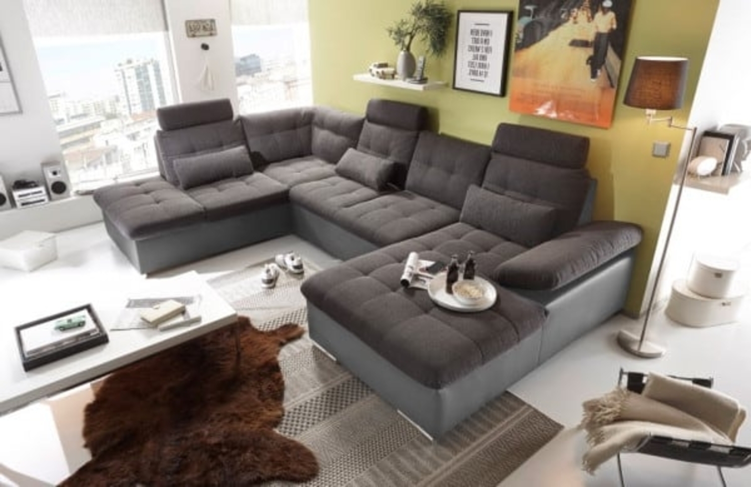 Couch Wohnlandschaft Schlaffunktion Schlafsofa dunkelgrau grau Ottomane links Bild 1