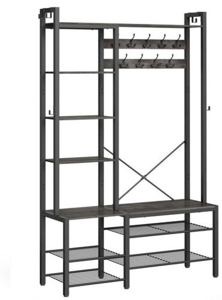 Vasagle Garderobenständer mit Schuhbank, Garderobe, 5 Regalebenen aus Spanplatten, 9 Dreifach-Haken, 6 seitliche Haken, Holzspanplatte, Stahl, steingrau-tintenschwarz, 40 x 120 x 190 cm Bild 1