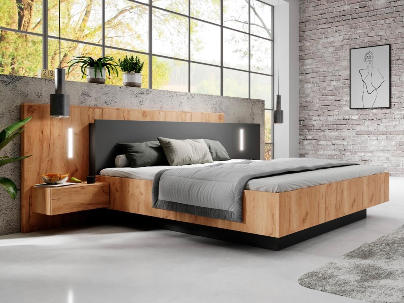 Vente-unique - Bett mit Bettkasten mit Nachttischen + Matratze - 160 x 200 cm - 2 Schubladen + LEDs - Holzfarben & Anthrazit - FRANCOLI Bild 1