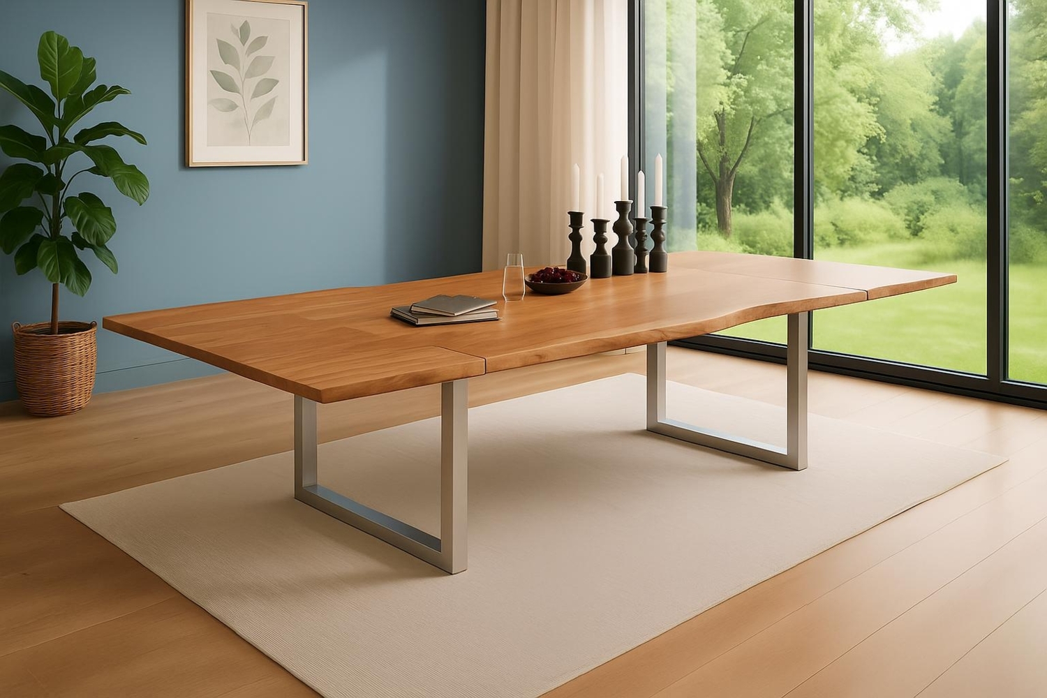 Esstisch Baumkante Akazie natur 220(320)x100 Ansteckplatten silber ADINA 70218621 Bild 1