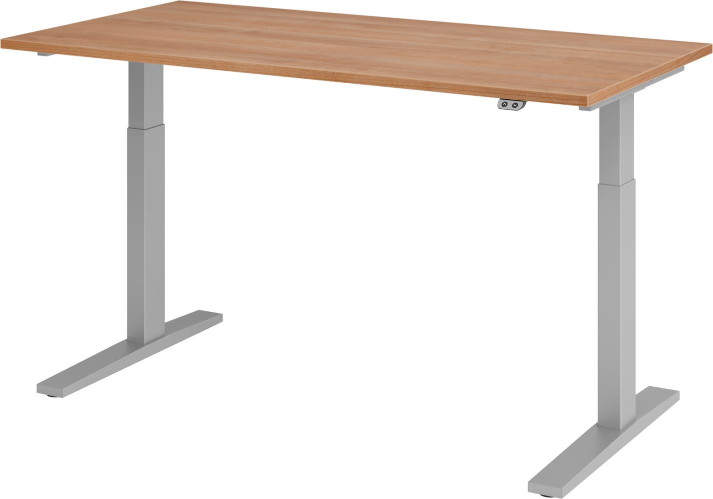 bümö elektrisch höhenverstellbarer Schreibtisch 160x80 cm in Nussbaum, Gestell silber - Schreibtisch höhenverstellbar elektrisch, elektrischer Schreibtisch & Gaming Tisch, XMKA-Serie Bürotisch, XMKA16-N-S Bild 1