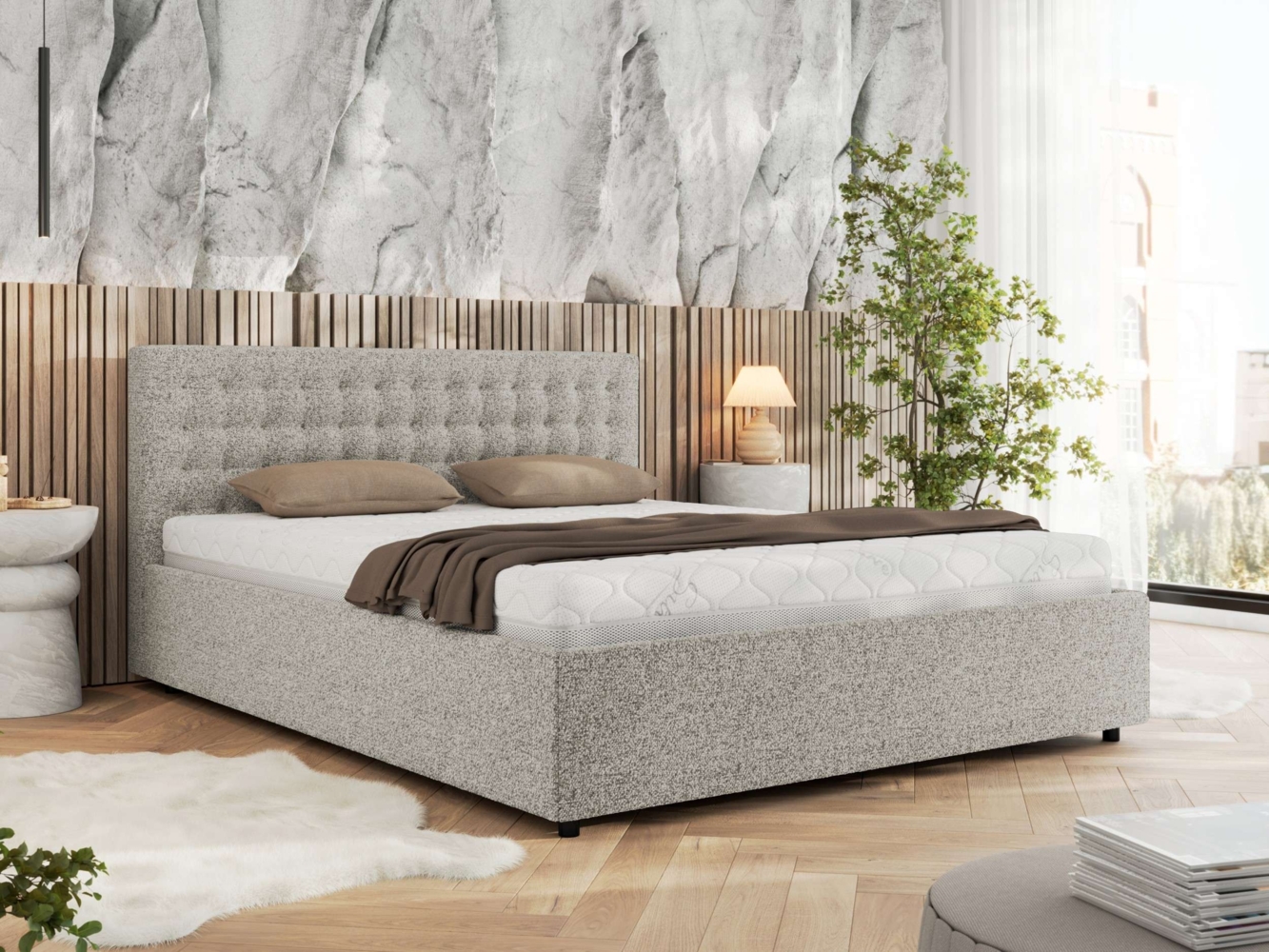 Polsterbett mit Holzlattenrost Doppelbett PAVO CLASSIC, hohe Kopfteil, Bettkasten mit Gasdruckfeder Foam Matratze - 140x200 cm - Hellgrau Strukture - MIRO LUX Bild 1
