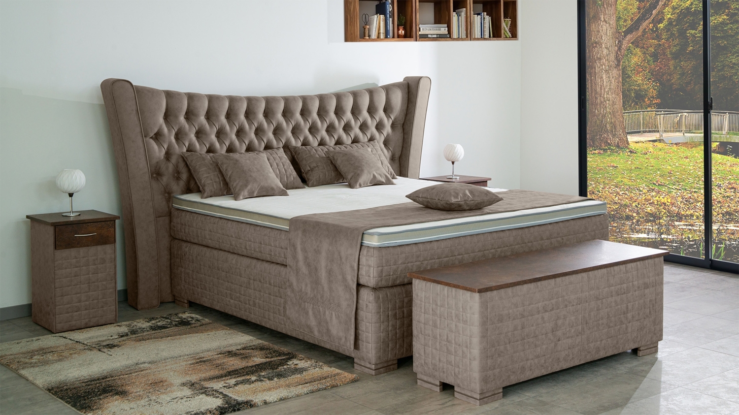 Meisterbetten Boxspringbett Oslo 240x220 in MS-Camel, Matratzenbezug Oslo, Ergoflex-Topper Bild 1