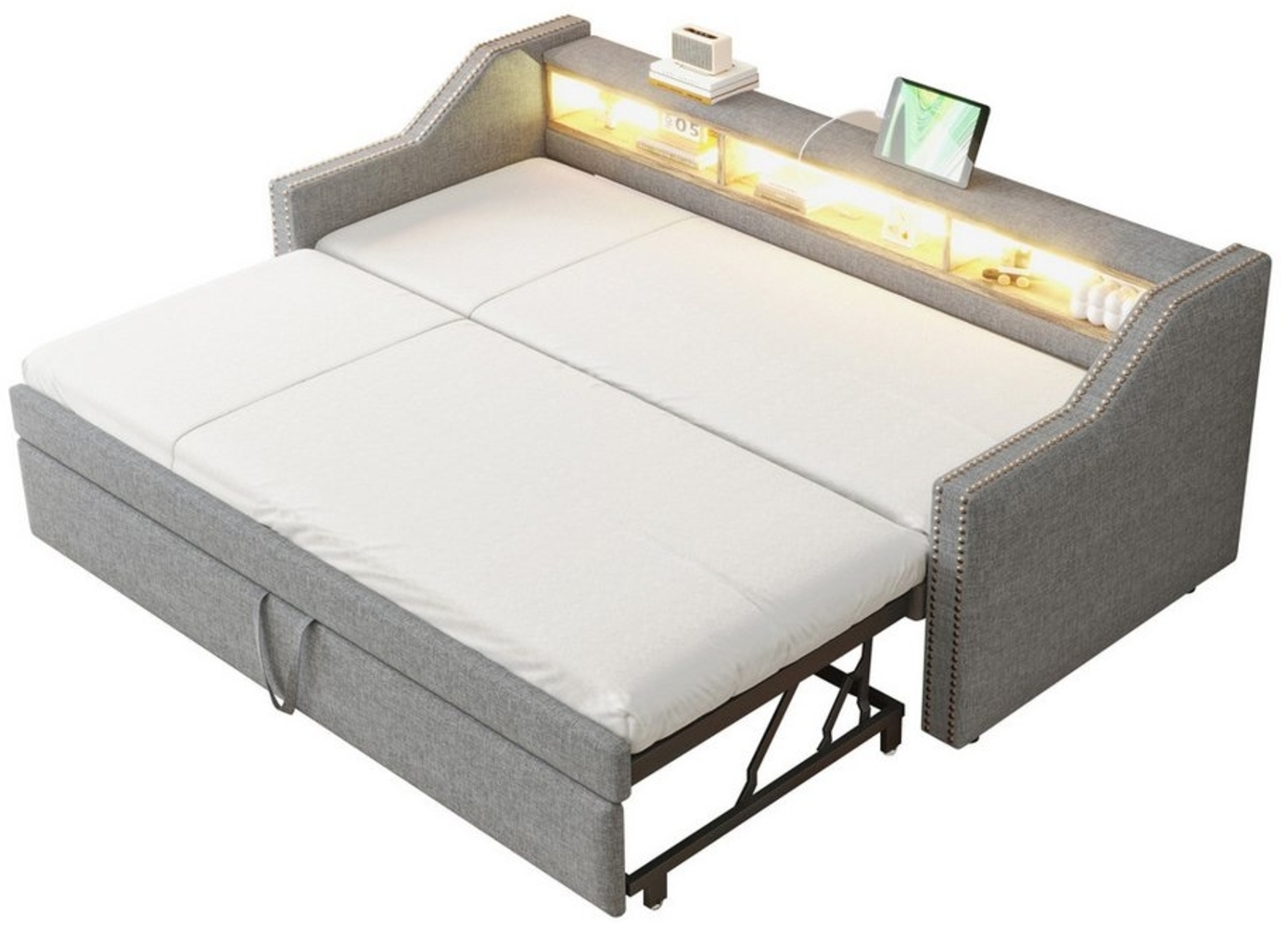 HAUSS SPLOE Schlafsofa 90/180x190 Multifunktionales Staufach, LED-Licht,USB-Buchse Hellgrau, Multifunktionales Polsterbett,mit Ausziehbarem Bettrahmen, USB-Anschluss, LED-Licht, mit Relaxfunktion Bild 1