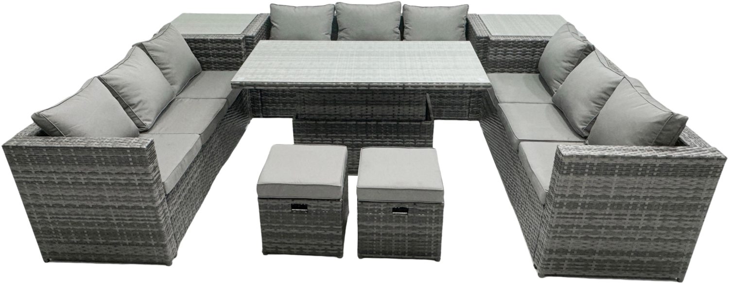 Fimous U Form Polyrattan Gartenmöbel Lounge Sofa Set Steigender Verstellbarer Anhebender Esstisch mit 2 Beistelltisch Extra Hocker Bild 1