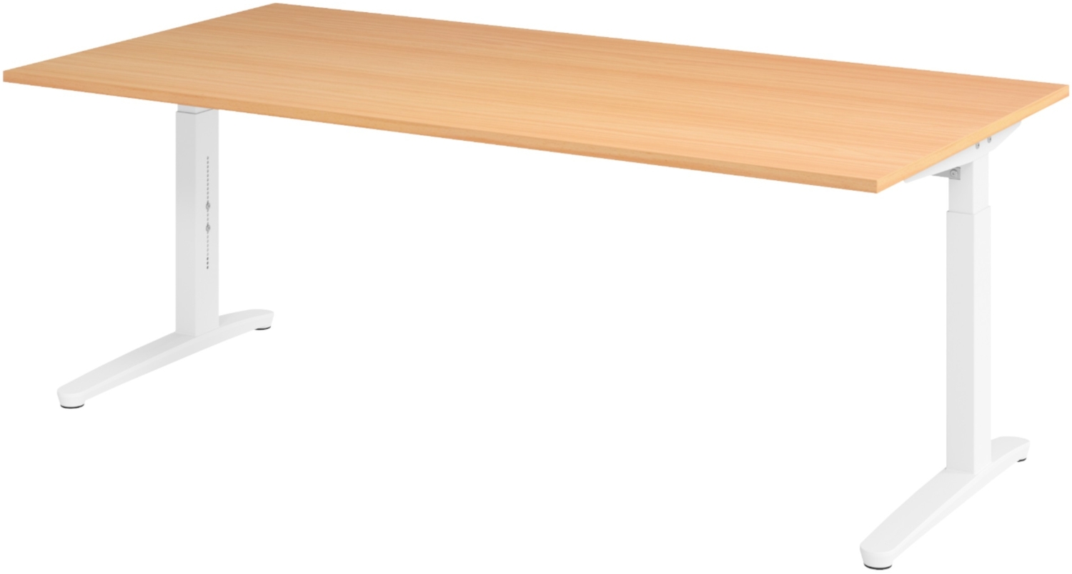 bümö manuell höhenverstellbarer Schreibtisch 200x100 in Buche, Gestell in weiß - PC Tisch höhenverstellbar & groß, höhenverstellbarer Tisch Büro, großer Computertisch verstellbar, X2E-6-WW Bild 1