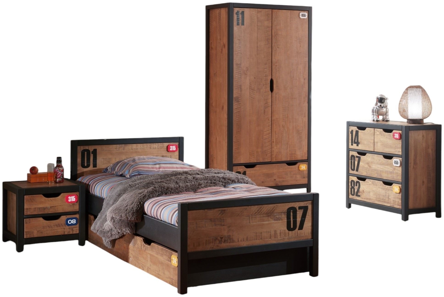 Kinderzimmer Set komplett Kameko 7 Massivholz+MDF Schwarz/Cognac Bild 1