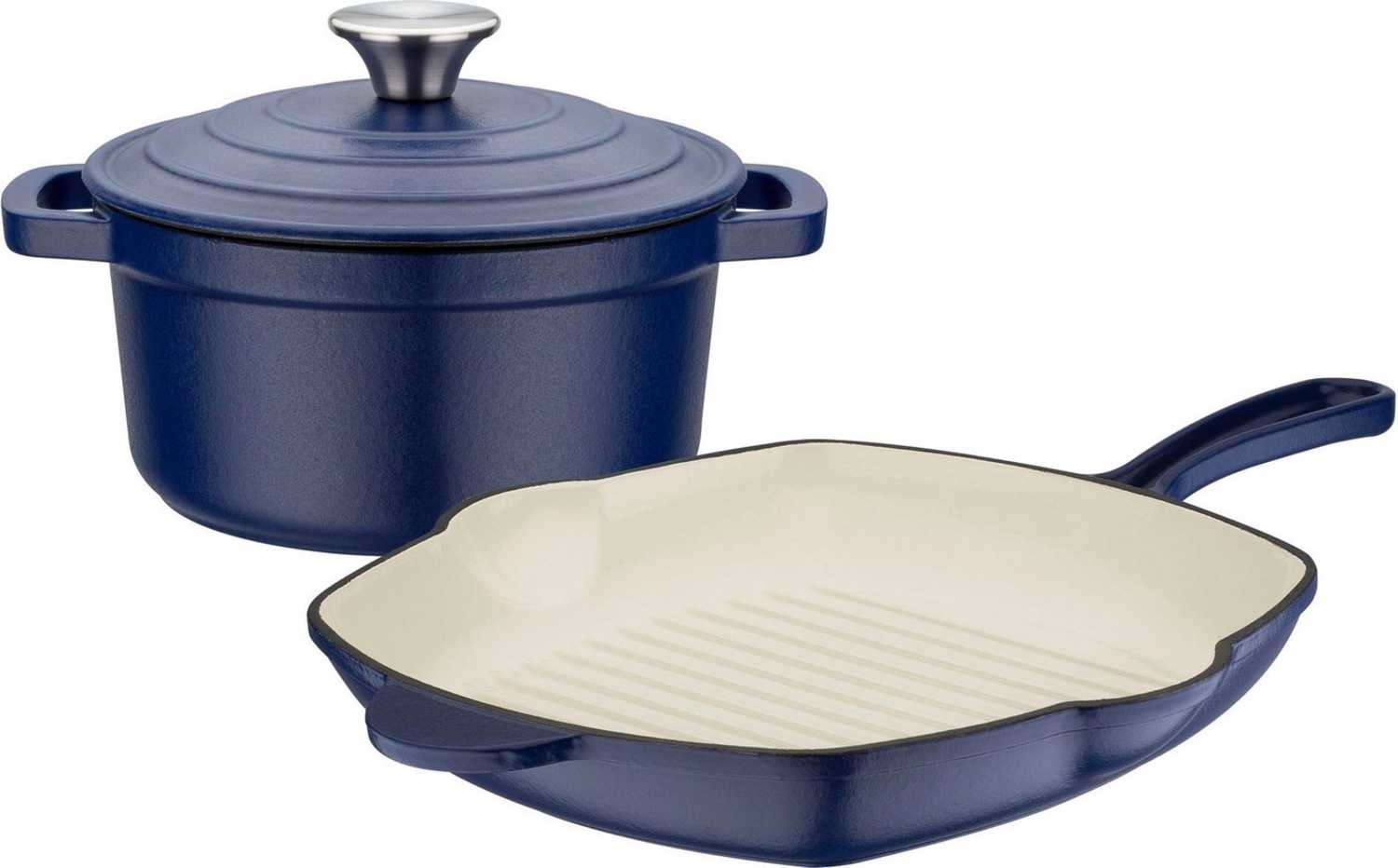 GSW Topf-Set Blue Magic, Gusseisen (Set, 3-tlg, 1x Kochtopf mit Deckel Ø 20 cm, 1x Grillpfanne 27 x 27 cm), Dunstzapfen im Deckel zum Garen im eigenen Saft, Induktion Bild 1