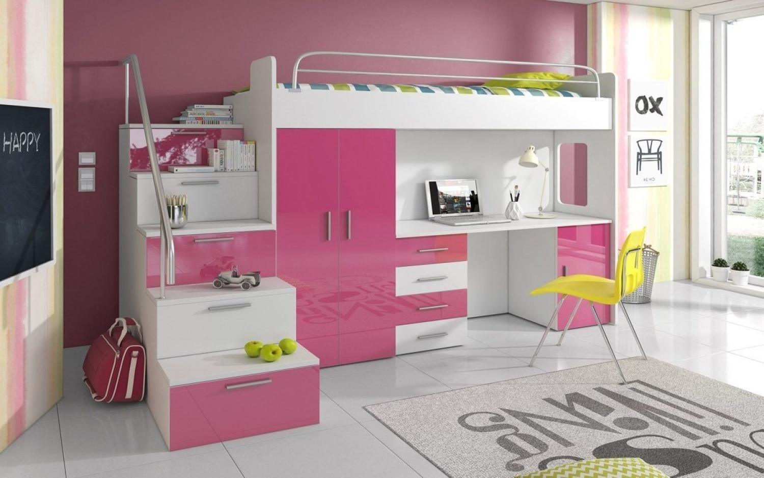 Luxusbetten24 Hochbett Kinderhochbett Dream mit Schreibtisch, Kleiderschrank und Staufächern Bild 1