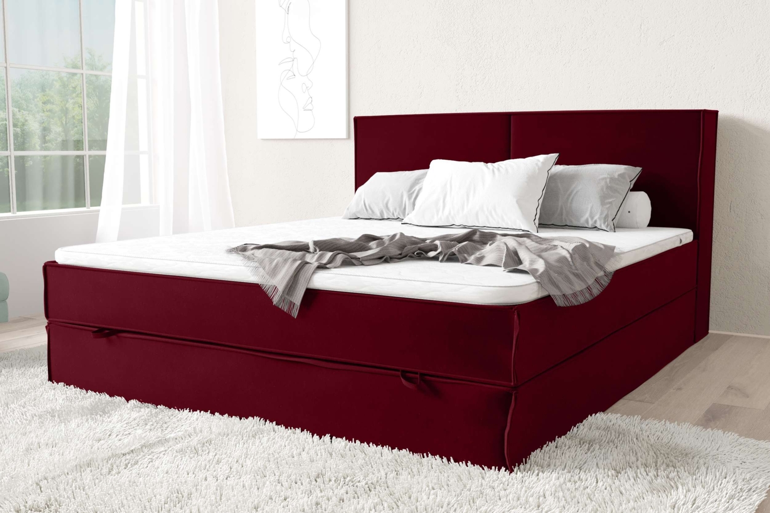 99rooms Samson Boxspringbett 140x200 cm Velours KRONOS Rot Taschen-Federung Bild 1