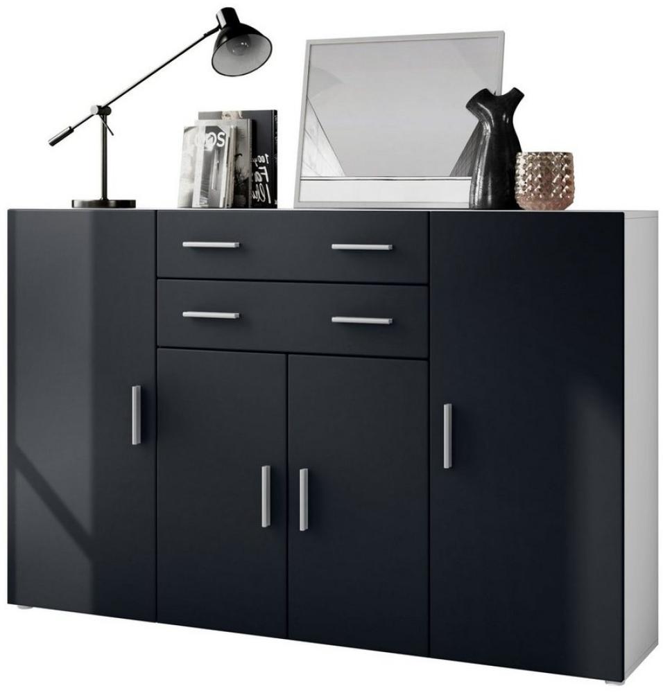 Highboard Aron Anrichte mit 2 Schubladen und 4 Türen mit insgesamt 8 Fächer dahinter, Weiß matt/Schwarz matt (166,5 x 106,5 x 35 cm) Bild 1