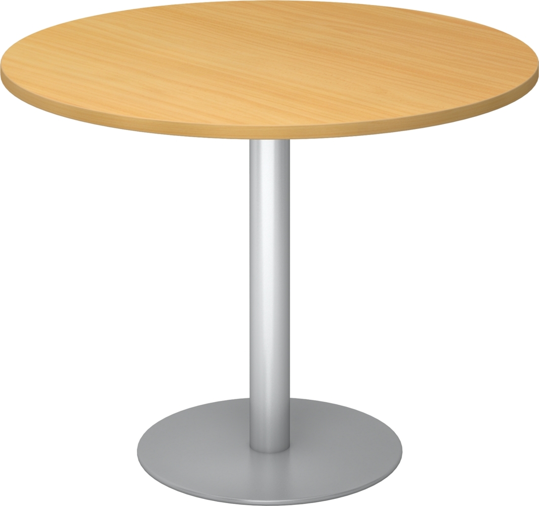 bümö Besprechungstisch, Esstisch klein, Tisch rund 100 cm - kleiner Esstisch Buche, Rundtisch Esstisch 2 Personen mit Holz-Platte, Säule aus Metall in silber, Konferenztisch, Bistrotisch, STF10-6-S Bild 1