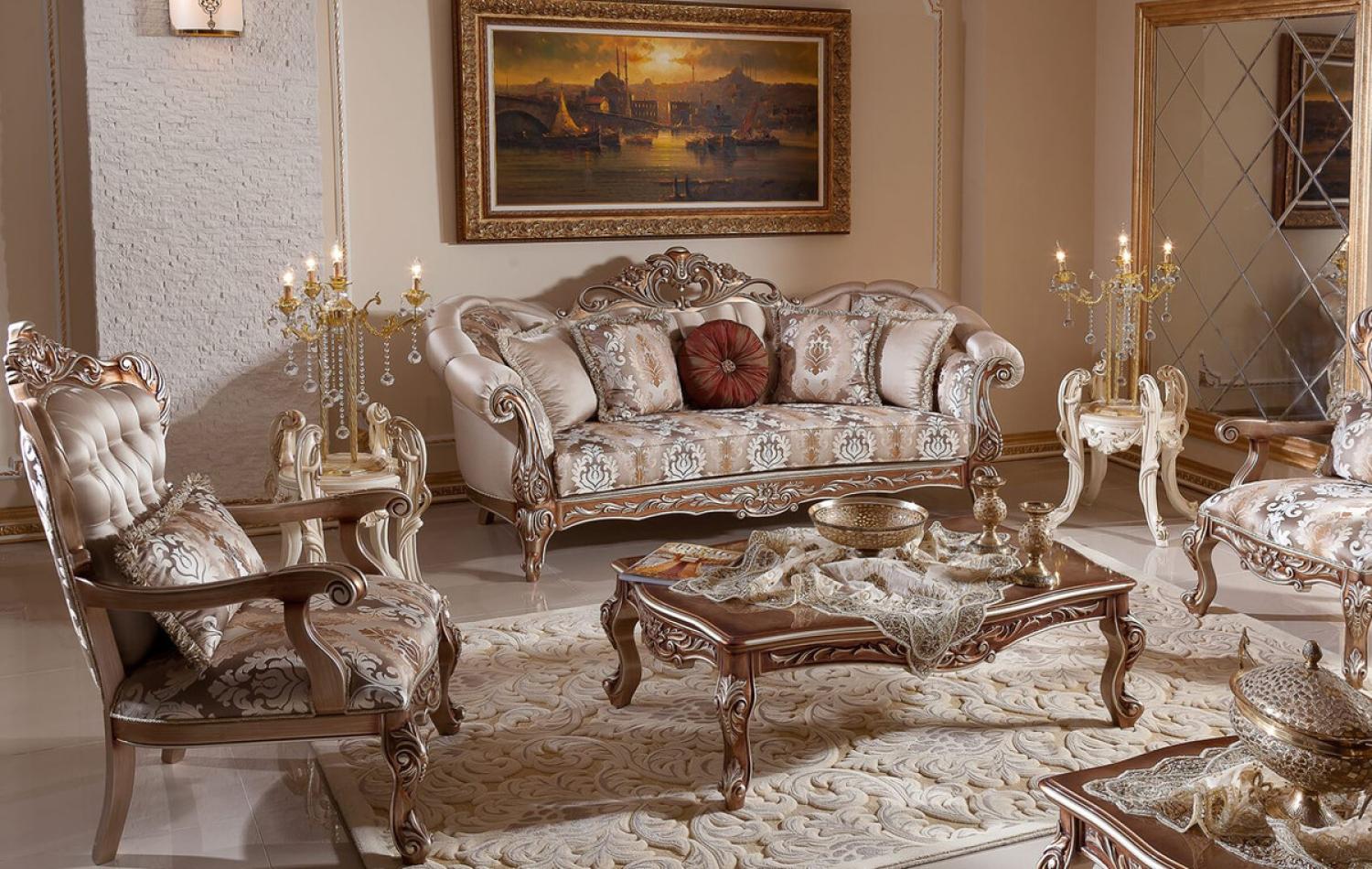 Casa Padrino Luxus Barock Wohnzimmer Set Grau / Kupfer / Silber - 2 Barock Sofas & 2 Barock Sessel & 1 Barock Couchtisch - Luxus Wohnzimmer Möbel im Barockstil - Barock Möbel - Barock Einrichtung Bild 1