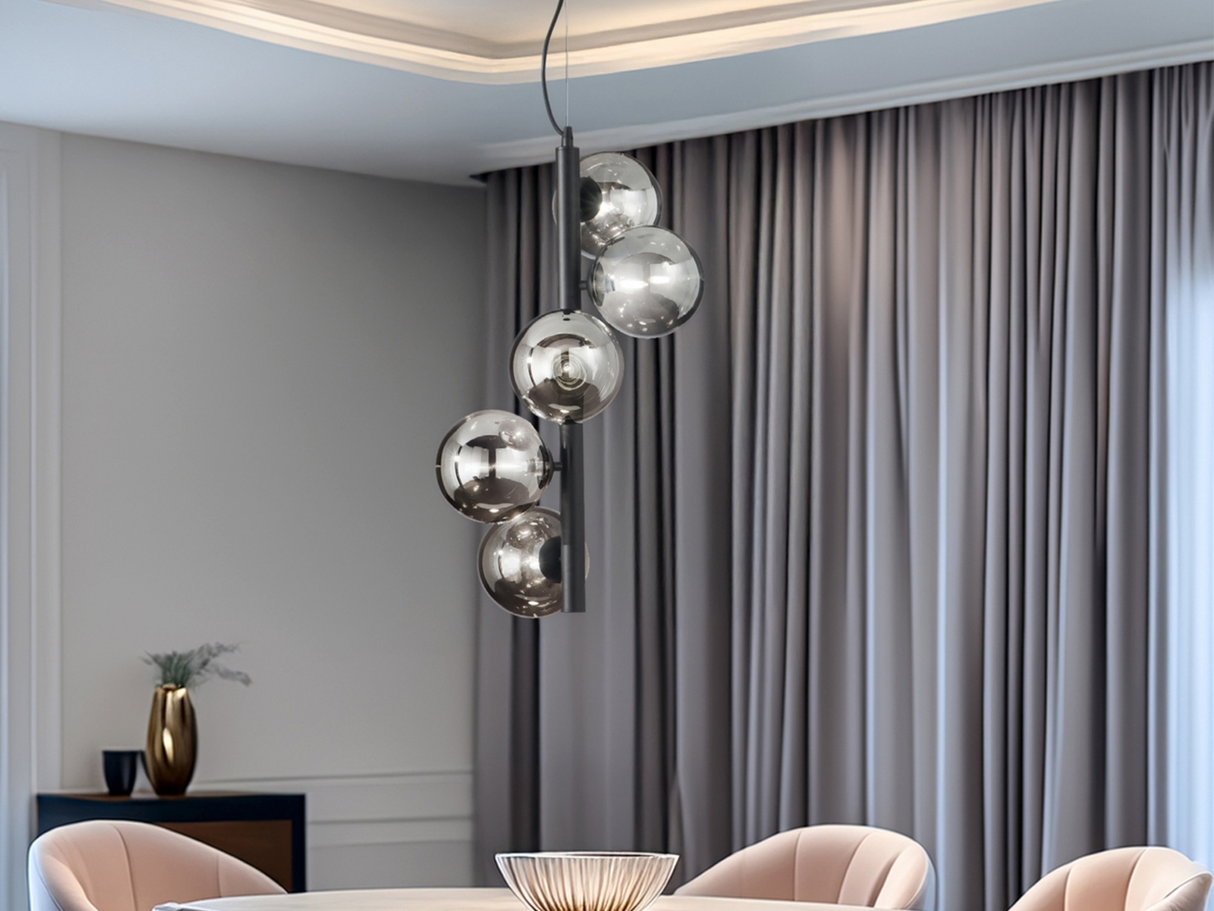 Pendelleuchte HONEY 5-flammig Schwarz-Glaskugeln Rauchglas, Höhe 183cm Bild 1